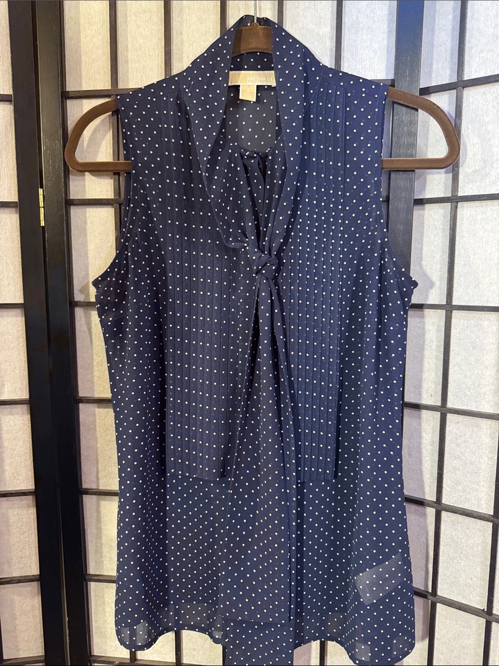 Michael Kors Navy and White Polka Dot Tie-Neck Sleeveless Camisole